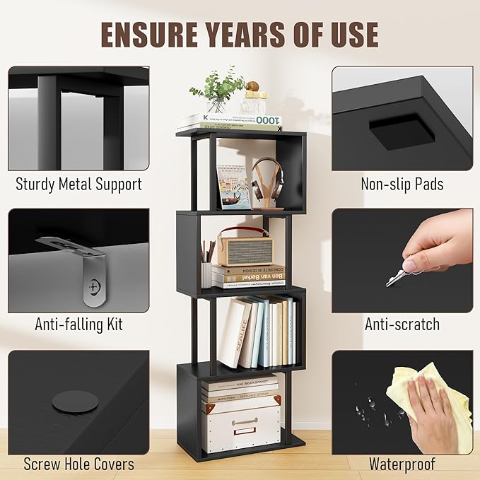 Gadroad 4-Tier Bookshelf, Narrow S-Shaped Geometric Bookcase, Wood Decorative Storage Shelving, Modern Freestanding Display Shelves, Book Shelf Unit for Living Room Bedroom Home Office, Black