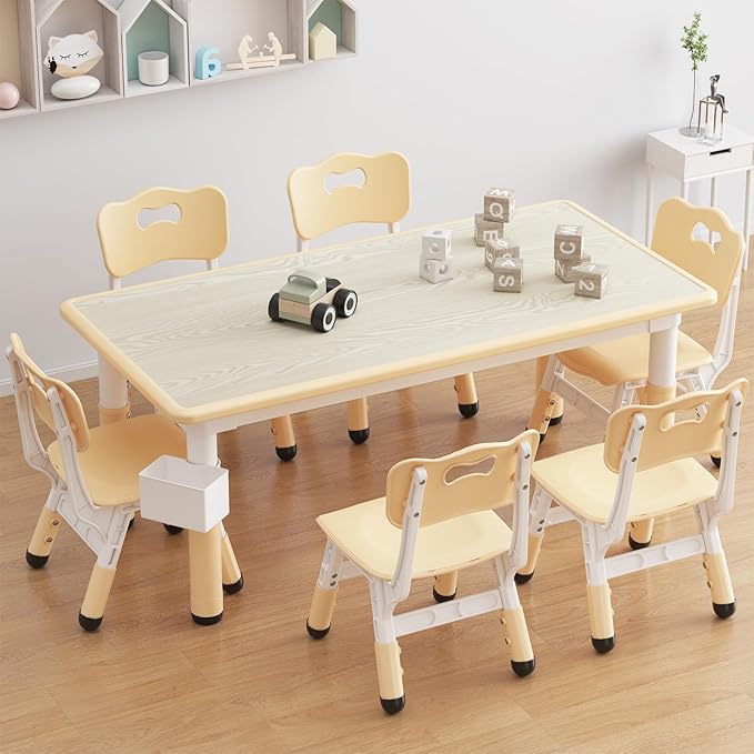 GarveeHome Kids Table and 6 Chairs Set, Height Adjustable Toddler Table and Chair Set, Graffiti Desktop, Children Study Play Dinner Table for Home Daycare Preschool for Ages 2-8, Beige
