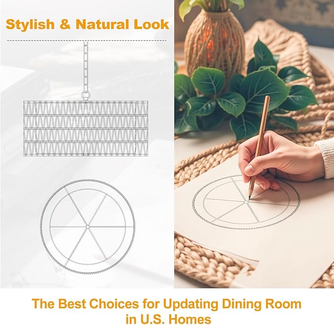 Farmhouse Chandeliers for Dining Room, Hand Woven 5-Light Rattan Pendant Light, Boho Rattan Chandelier with Linen Shade, Rustic Hanging Lighting for Bedroom and Kitchen Island (Bulb Not Included)