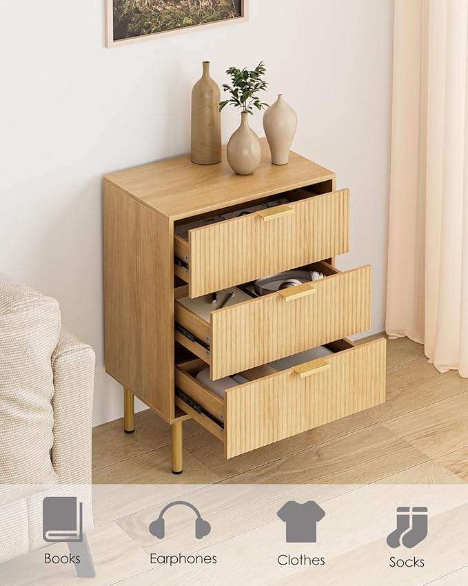 Night Stand,Tall Bedside Table with 3Storage Drawers,Oak Nightstand,Bedside Furniture,Side Table with Gold Frame,End Table for Bedroom,Living Room