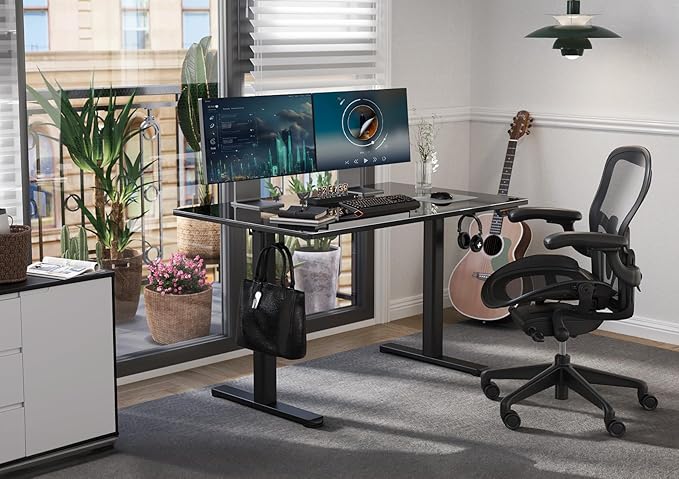 Claiks Glass Standing Desk, 48x24 Inch Electric Standing Desk Adjustable Height Quick Install Home Office Computer Desk, Black