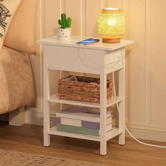 HOOBRO End Table with Charging Station, Flip Top Side Table with USB Ports, Narrow Nightstand Bedside Tables with Storage Shelves, for Small Space, Living Room, White WT141UBZ01