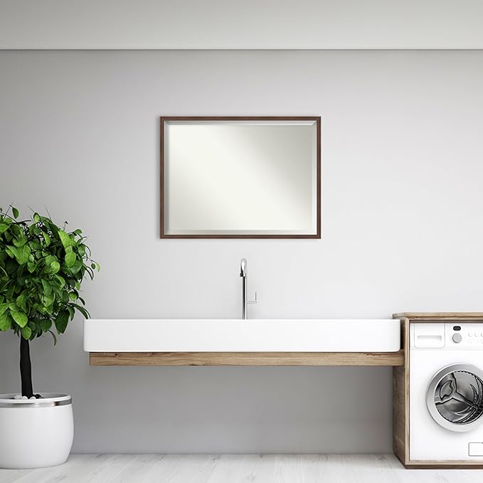 Amanti Art Brown Bathroom Mirror for Over Sink, 32x42 Florence Medium Brown Rectangle Vanity Mirror, X-Large Casual Frame, Hangs Horizonally and Vertically, Bathroom Wall Decor, Beveled Edge