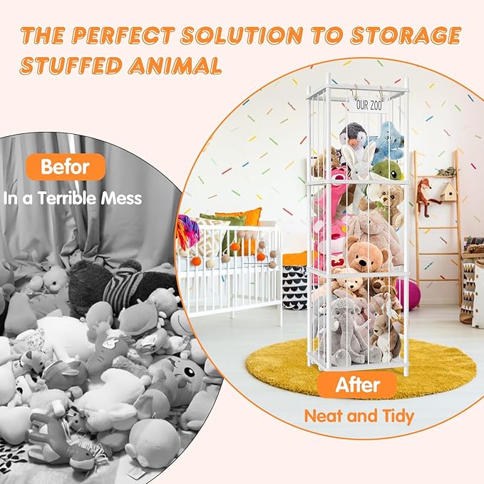 Stuffed Animal Storage, 54 inch Large Plushy Organizers, Wood Stuffed Animal Zoo Storage, Space Save Vertical Stuffed Animals Holder Holds 50+ Stuffed Animals for Nursery Playroom Bedroom (White)