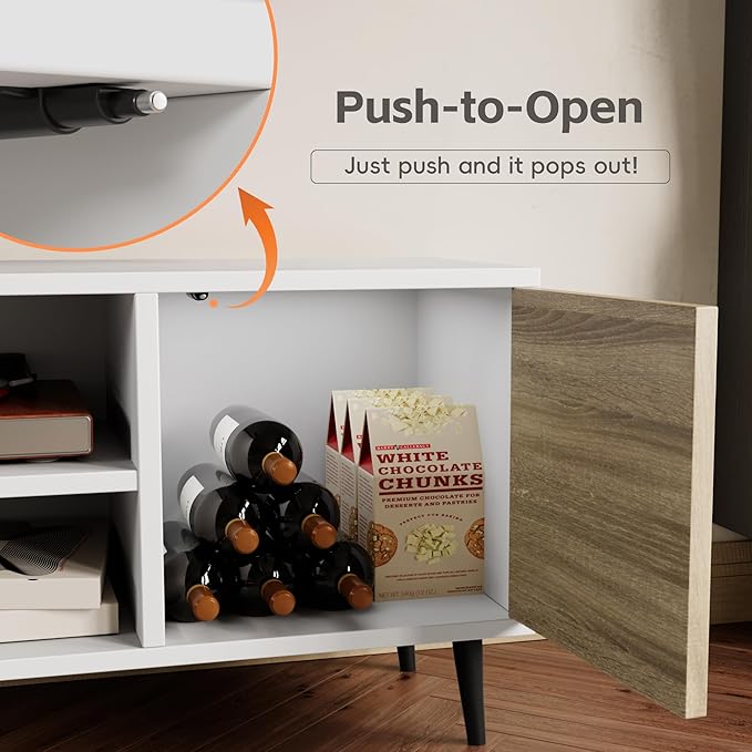 YESHOMY Modern TV Stand for 65" Television, Entertainment Center with Two Storage Cabinets and Open Shelves, Retro Style Media Console for Living Room, Bedroom, Office, 58 Inch, White and Beige