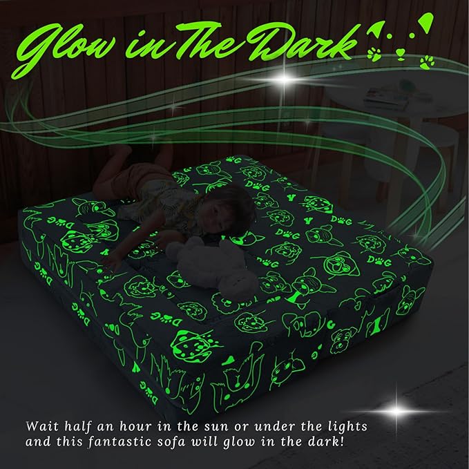 MeMoreCool Kids Sofa Couch, Glow in Dark Toddler Chair Fold Out, Modular Play Couch for Playroom, Child Foam Blocks Convertible Baby Furniture (Glowing Dogs)