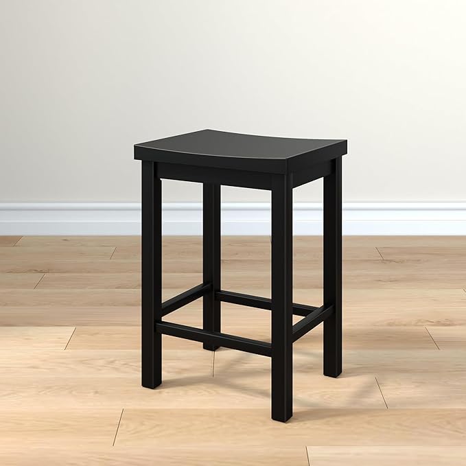 Grain & Grove Smith Collection Solid Wood Counter Height Bar Stool, 24-Inch Saddle Seat Backless Stool, Ideal for Kitchen Island, Dining, or Home Bar Seating, Black
