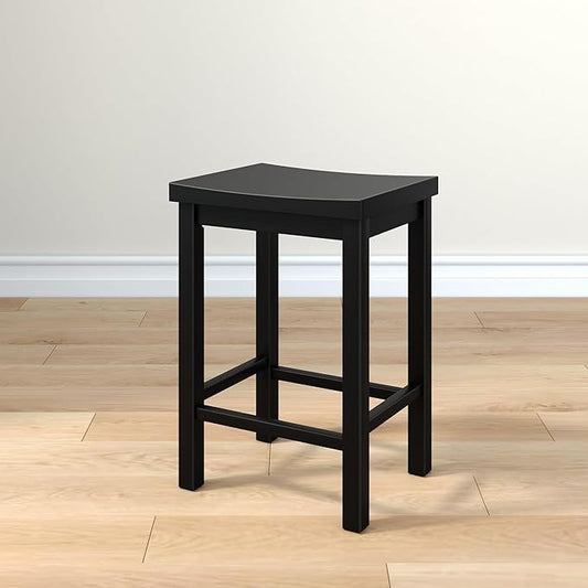 Grain & Grove Smith Collection Solid Wood Counter Height Bar Stool, 24-Inch Saddle Seat Backless Stool, Ideal for Kitchen Island, Dining, or Home Bar Seating, Black