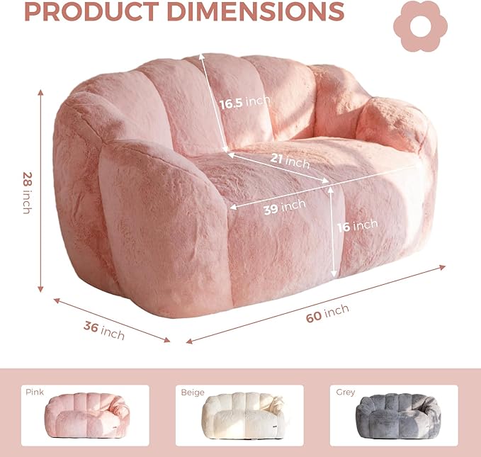 MAXYOYO Bean Bag Chair for Adults, Loveseat Floral Shaped Bean Bag Sofa, Ultra Soft Love Seat Mini Sofa Couch, Faux Fur Reading Chair for Living Room Bedroom, Pink