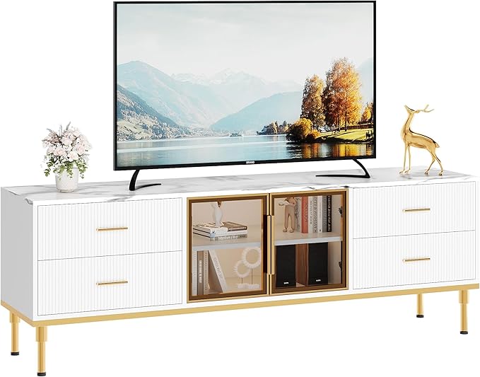 66" Fluted TV Stand with LED Light, Modern Entertainment Center for TVs Up to 75 Inch, Wood TV Media Console with Faux Marble Top, 4 Drawers, Glass Door for Living Room, White