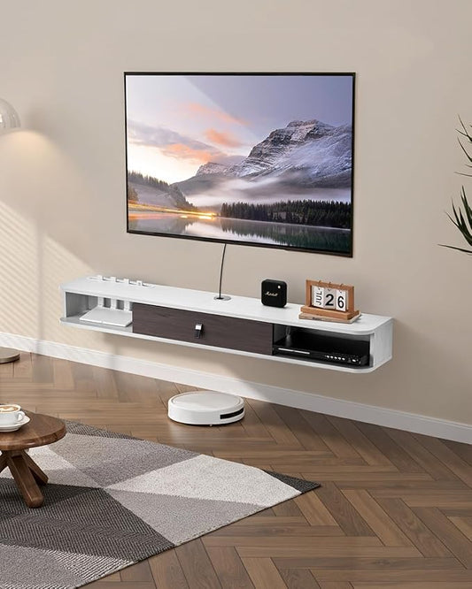 VEVOR Floating TV Stand, 55'' Under TV Shelf Wall Mounted Floating TV Console Modern Entertainment Center with Storage Cabinet, for Bedroom & Living Room, White
