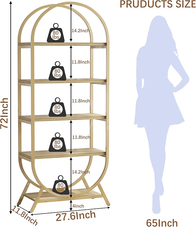 Bookshelf Arched Bookcase, Industrial 5 Tier Open Book Shelves with Metal Frame, 72" Tall Freestanding Display Rack for Home Office, Living Room,Nature Wood and Gold