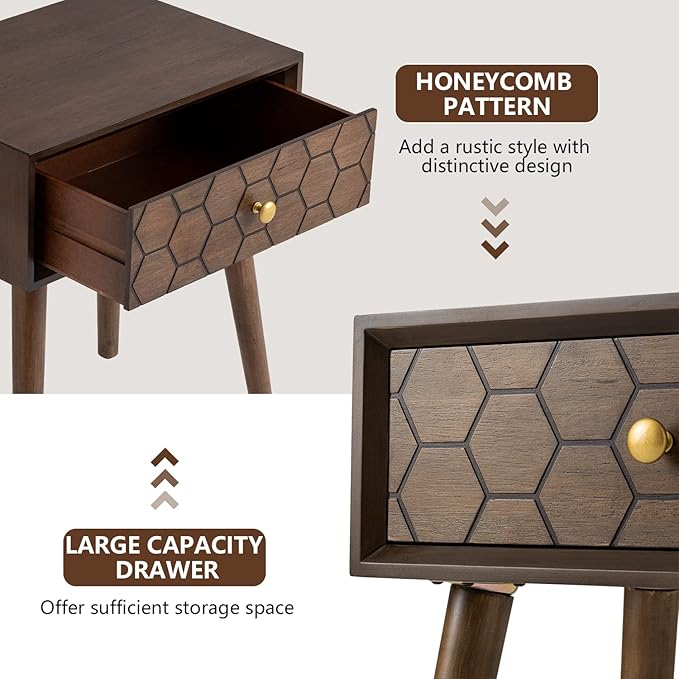 COSIEST Mid-Century Nightstand, Modern MDF Bedside Table, Accent Wood End Table with One Storage Drawer for Bedroom Living Room(Brown,2 Pieces)