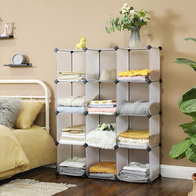 SONGMICS Cube Storage Organizer, Set of 12 Plastic Cubes, Book Shelf, Closet Organizers and Storage, Room Organization, Bedroom Living Room, 12.2 x 36.6 x 48.4 Inches, White ULPC34L
