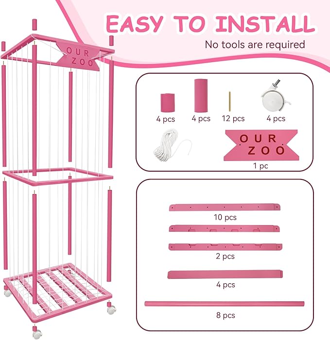 Stuffed Animal Storage Zoo with Wheels, Wooden Large Stuff Animals Plushies Holder Toy Organizer Kids Plush Storage Cage with Elastic Band and Net for Nursery Playroom Corner for Toddler (Hot Pink)
