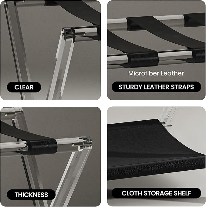 Sumerflos Acrylic Luggage Rack for Guest Room - Foldable Suitcase Stand with Leather Straps for Bedroom Living Room Hotel Heavy-Duty, Holds up to 50-100 lb lightweight Space Saving (Black & Shelf - 1 Pcs)