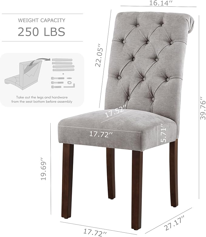 COLAMY Button Tufted Dining Chairs Set of 4, Parsons Upholstered Fabric Dining Room Chairs Kitchen Chairs with Wood Legs and Padded Seat, Light Grey