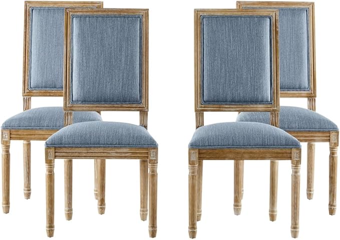 Merax Upholstered Solid Wood Dining Chairs Set of 4, French Country Style Accent Side Seating Furniture for Kitchen, Living Room, Cushioned Back, Slate Blue