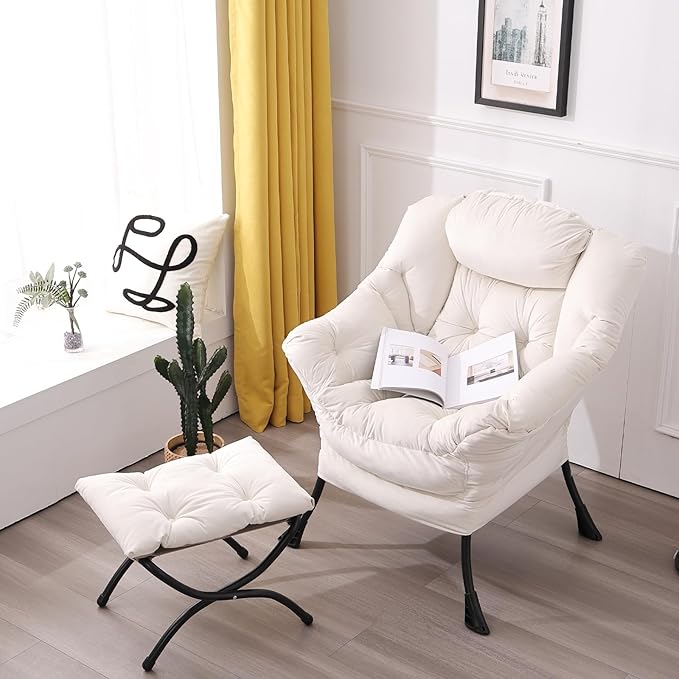 LITA Lazy Chair with Ottoman, Accent Contemporary Lounge Single Leisure Upholstered Sofa Set Armrests and a Side Pocket, Reading for Living Room & Bedroom, Beige 10.6D x 28.3W x 36.6H in