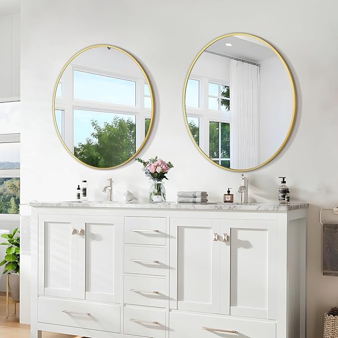 Round Mirror 24 Inch Gold Round Bathroom Mirror Wall Mirror Brushed Metal Frame Anti-Rust Tempered Glass for Bathroom Bedroom Entryway Living Room