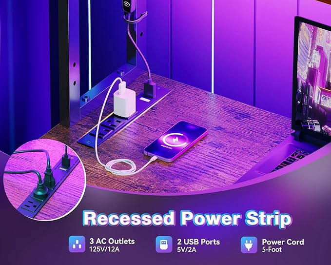 AODK L Shaped Desk Gaming Desk with LED Light & Power Outlet, 53 Inch Reversible L Shaped Computer Table with Shelf & Storage Bag & Hook for Home Office, Vintage