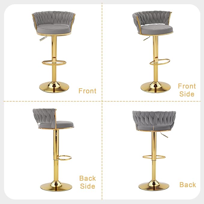 VECELO Bar Stools Set of 4, Adjustable Barstools Counter Height Stools with Back and Arm, Velvet Woven Kitchen Island Stools w/Gold Metal Leg & Base, 360° Swivel Bar Chair, Light Grey