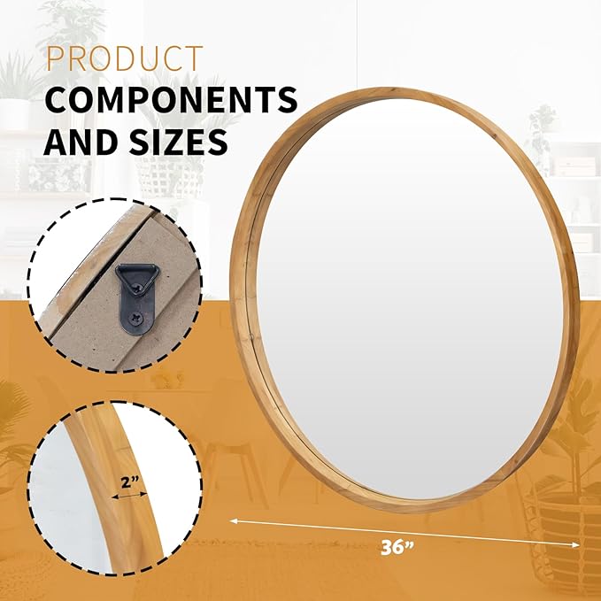 36" Bathroom Mirror, Round Wall Mirror with Wood Frame, Farmhouse Mirror for Wall Decor, Wall-Mounted Mirror for Bedroom, Living Room, Wood