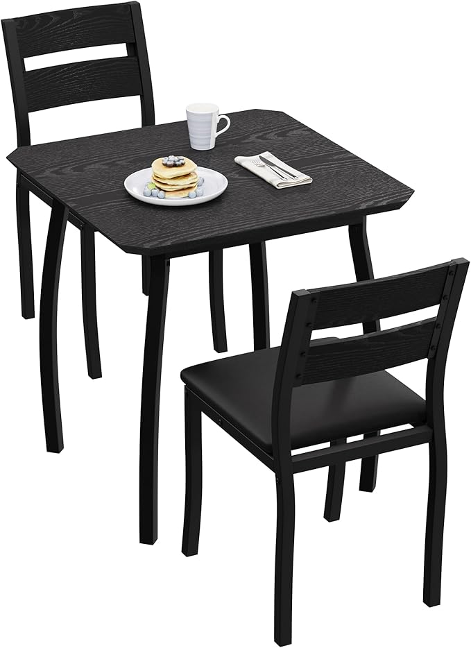 GAOMON Dining Table Set for 2, 3 Piece Small Kitchen Table and 2 Upholstered Chairs with Metal Frame & Wood Grain Tabletop for Small Space, Apartment, Kitchen, Dining Room, Black
