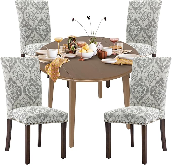 COLAMY 5-Piece Extendable Dining Table Set for 4, 36" Kitchen Round Wood Table with 4 Nailhead Dining Room Chairs,Light Brown/White&Grey Flower
