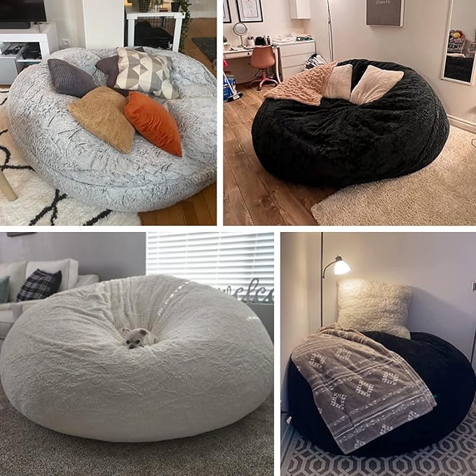 (No Filler) Bean Bag Chair Cover Without Filler,Big Round Soft Fluffy PV Velvet Washable Bean Bag Lazy Sofa Bed Cover for Adults,Living Room Bedroom Furniture Outside,6ft Dark Grey