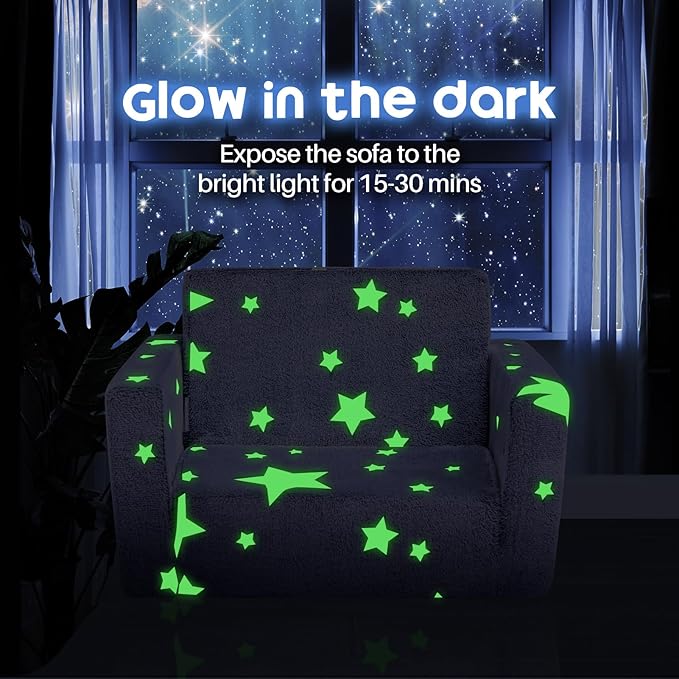 ALIMORDEN 2-in-1 Toddler Fold Out Couch, Comfy Convertible Sofa to Lounger, Glow-in-The-Dark Star Pattern Foam Seat for Little Ones with Removable Washable Cover