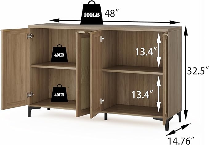 Sideboard - Buffet Cabinet with Storage, Rattan Storage with 4 Doors and Adjustable Shelves, Accent with Metal Feet, Sideboard Cabinet for Living Room (Natural)