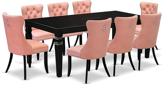 East West Furniture LGDA9-BLK-23 9 Piece Kitchen Set Consists of a Rectangle Dining Table with Butterfly Leaf and 8 Polyester Fabric Upholstered Chairs, 42x84 Inch, Black