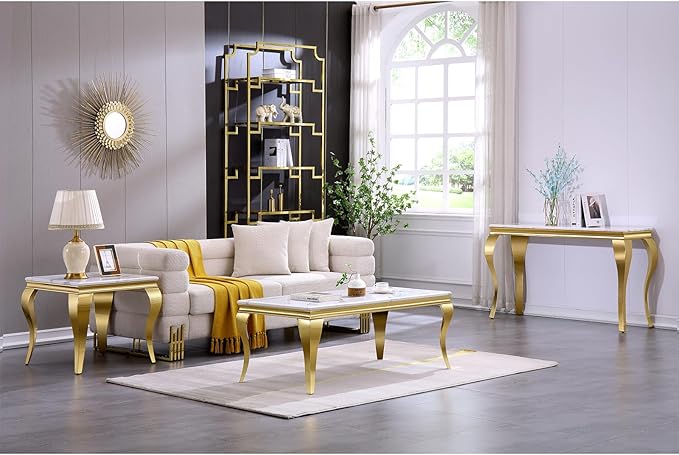 End Table, White and Gold Side Table for Living Room, Bedroom, Glam Stable End Table with Square White Top and Polished Gold Cabriole Legs, Set of 4