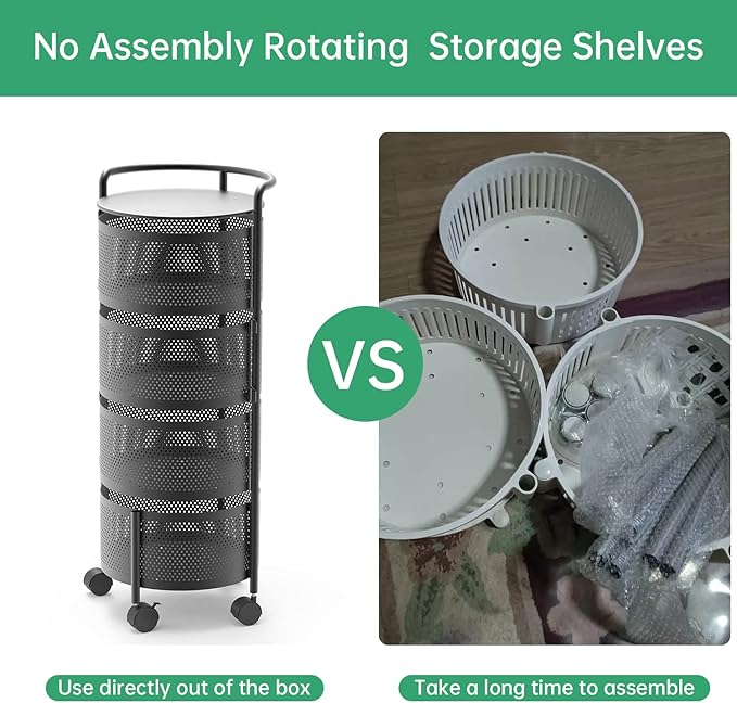 Kitchen Storage Rack No Assembly, 4-Tier Metal Storage Tower Cart Organizer on Rolling Wheels with Removal Basket for Fruit Vegetable Grocery Corns Potato Onion,Fruteros Para Cocina (4-Tier, Black)