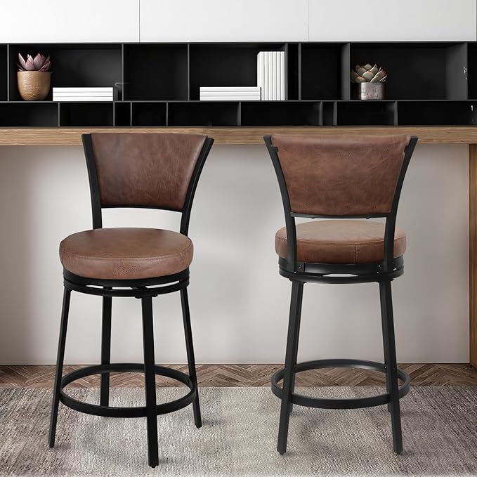 Bar Stools, Counter Height Barstools Set of 2, 25" Faux Leather Metal Round Swivel Bar Chairs with Back, Modern Upholstered Counter Stools for Kitchen Island, Brown