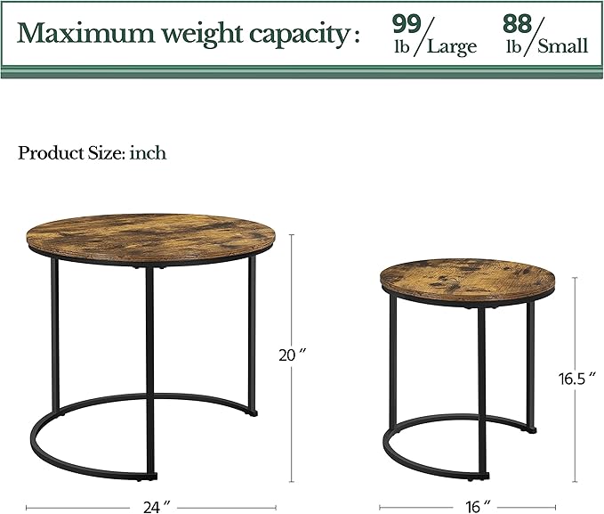 Yaheetech Nesting Coffee Table, Round Coffee Table for Living Room, Nesting Table with Wooden Tabletop and Sturdy Metal Frame, Stacking Living Room Tables Nesting End Table Set of 2, Rustic Brown