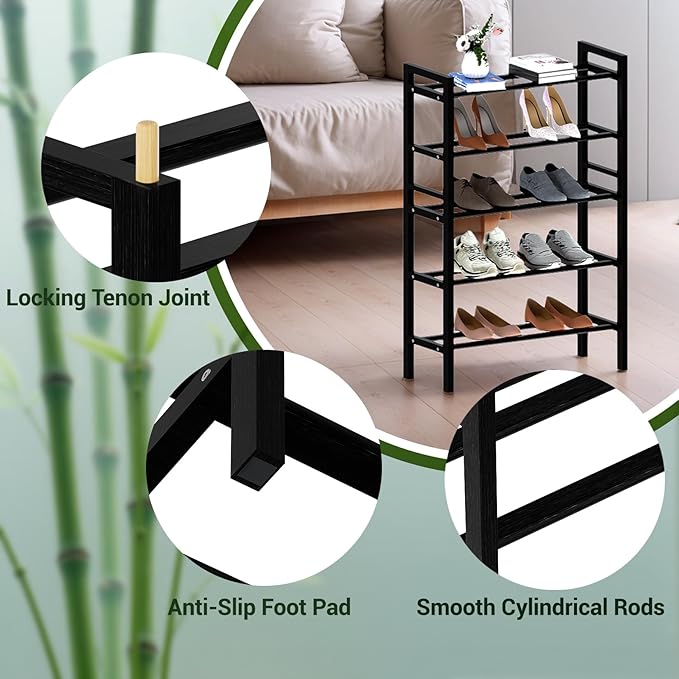 Haddockway Bamboo Shoe Rack for Closet, Free Standing Shoe Organizer with Smooth Round Rods & Convenient Handles, Stackable Shoe Storage Shelf for Entryway, Hallway(Black, 5-Tier(Small))