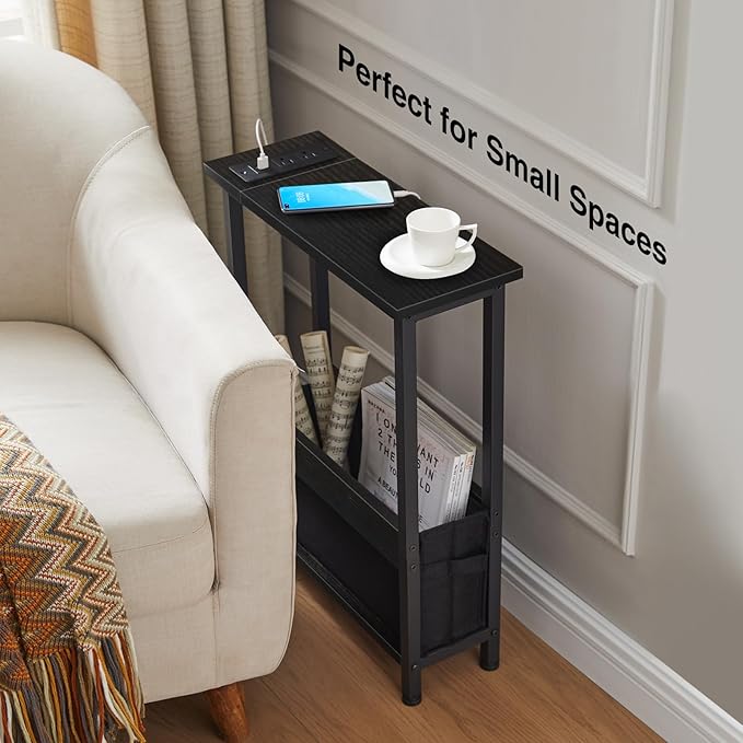 Slim Charging End Table with Storage - for Small Spaces and Bedroom (Black)