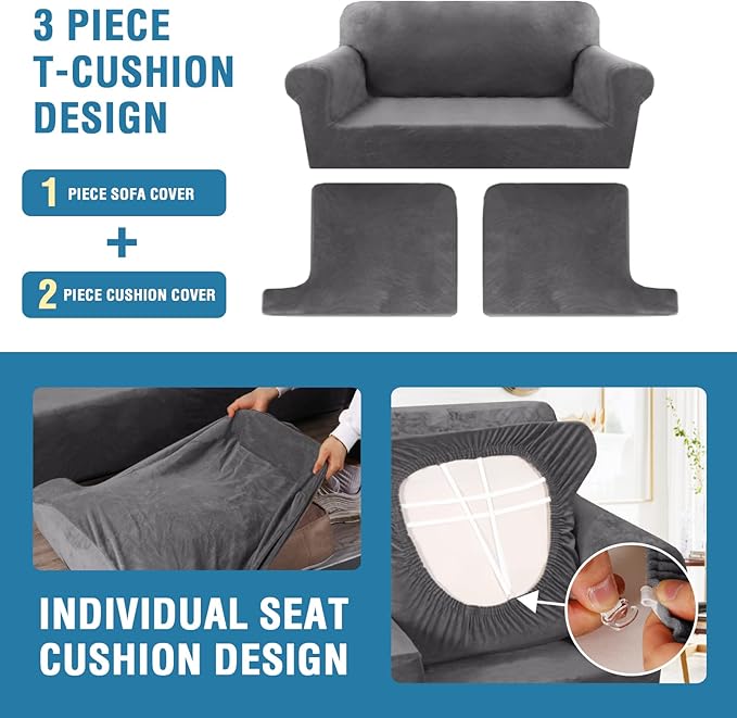 H.VERSAILTEX Sofa Cover 3 Piece T Cushion Sofa Slipcovers Thick Velvet Couch Cover Furniture Protector Stretch T Cushion Sofa Covers for 2 Cushion Couch with 2 T Cushion Covers Washable, Grey