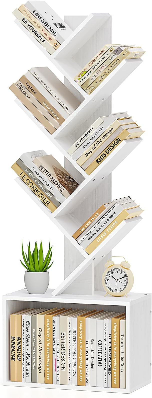 6 Tier Tree Bookshelf, Sturdy Retro Floor Standing Wood Bookcase, Storage Rack for Home Office, Living Room, Bedroom, Reading Spot, Heavy Book Organizer Shelves for CDs/DVDs/Movies, White