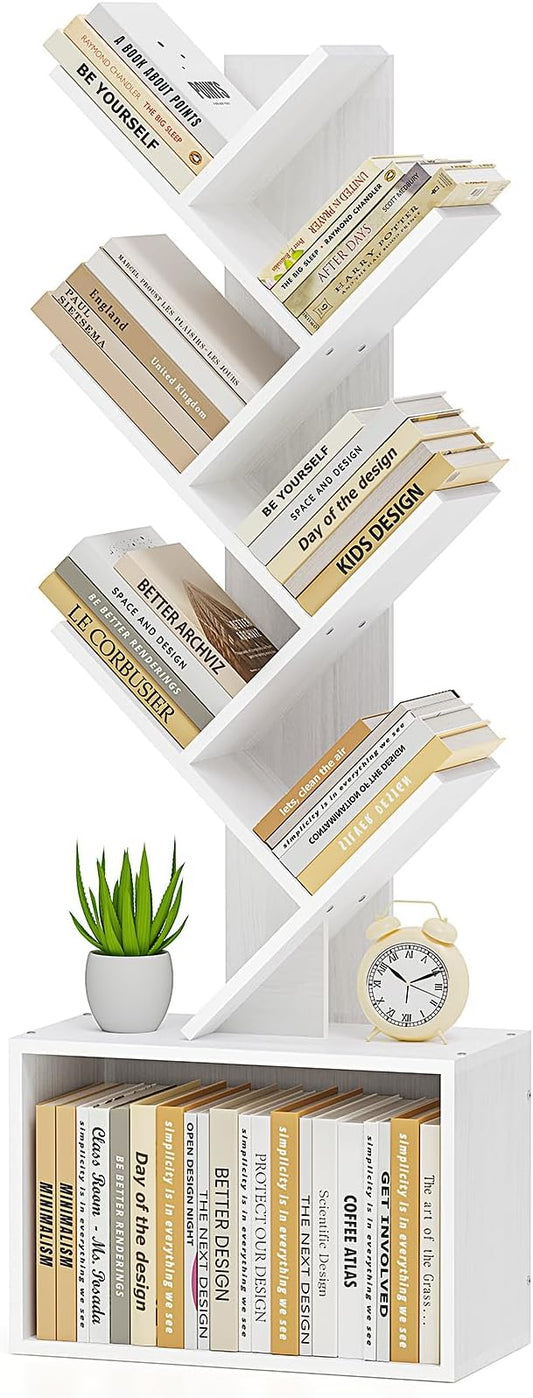 6 Tier Tree Bookshelf, Sturdy Retro Floor Standing Wood Bookcase, Storage Rack for Home Office, Living Room, Bedroom, Reading Spot, Heavy Book Organizer Shelves for CDs/DVDs/Movies, White