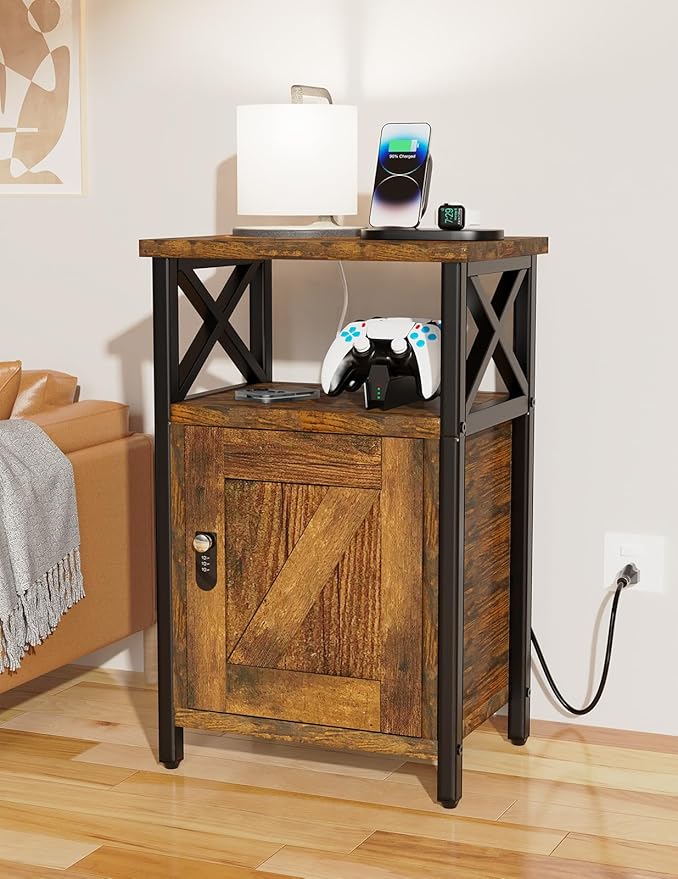 Wooden Nightstand with Lock, Bed Side Table with Drawers, Bedside Table with Charging Station, 3 USB & 2 Outlets, Night Stand with Storage, End Tables for Living Room, Bedroom, Dorm, Brown