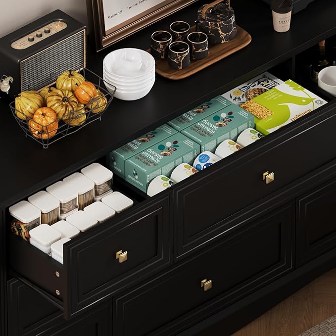 9-Drawer Dresser, 57" Wooden Chest of Drawers with Rustic Top, Modern Farmhouse Furniture Organizer, Bedroom Storage Cabinet for Clothes, Accessories, Living Room, or Entryway, Black