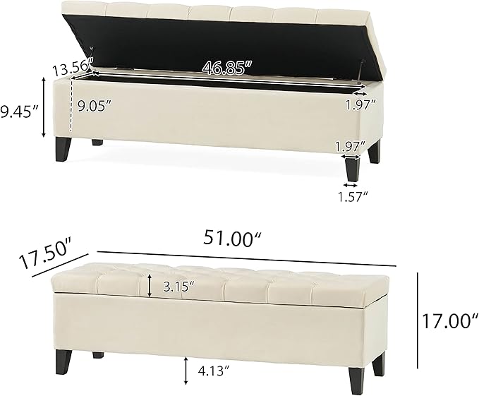 Christopher Knight Home Ottilie Velvet Storage Ottoman, Ivory 17.5”D x 51.0”W x 17.00”H