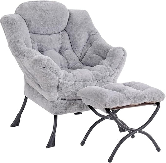 Lazy Chair with Ottoman, Modern Accent Lounge Leisure Sofa with Armrests, Reading Chair and Folding Footstool for Living Room, Bedroom, Office, Plush Grey