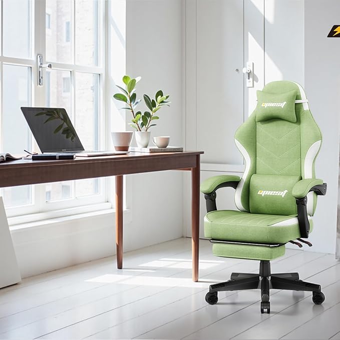 Gaming Chair,Fabric Computer Chair with Pocket Spring Cushion,400 lb Load Capacity,Ergonomic Office Chair with Footrest,Height Adjustable Video Gamer Chair with Lumbar Support (Green)