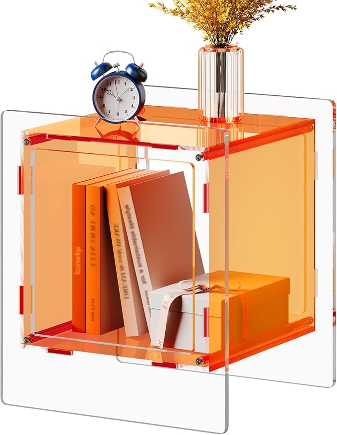 Acrylic End Table, Side Table Nightstand with Open Storage Shelf, 2-Tier Bedside Table Home Decor Display for Bedroom, Living Room, Office (1, Orange)
