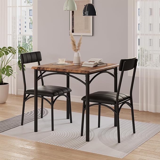 GarveeHome Dining Table Set for 2, Kitchen Table with 2 Upholstered Chairs, Wood Square Dining Table and Chairs Set for Small Space, Apartment, Dinner, Rustic Brown