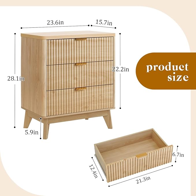 LYNCOHOME Fluted Nightstand with 3 Drawers, Modern Wood Chest of Bedside Table with Curved Profile, Fluted Dresser Organizer for Bedroom
